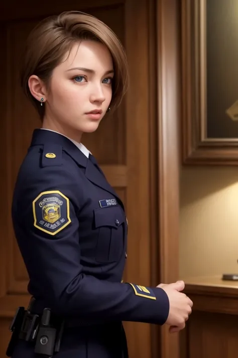 masterpiece, best quality, ultra high res, (photorealistic:1.8), unreal_engine, photograph, realistic_skin_texture, <lora:topaz-officer-v1:0.65>, upper body, 1girl, solo, sxtopaz, short hair, brown hair, blue eyes, earrings, police uniform, rifle