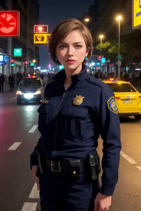 masterpiece, best quality, ultra high res, (photorealistic:1.8), unreal_engine, photograph, realistic_skin_texture, <lora:topaz-military-v1:0.65>, upper body, 1girl, solo, sxtopaz, short hair, brown hair, blue eyes, earrings, lipstick, police uniform, portait, arm at side, Hong Kong(City) Traffic signals Street lights Neon signs Decorative signs building, Nazca terrestrial painting