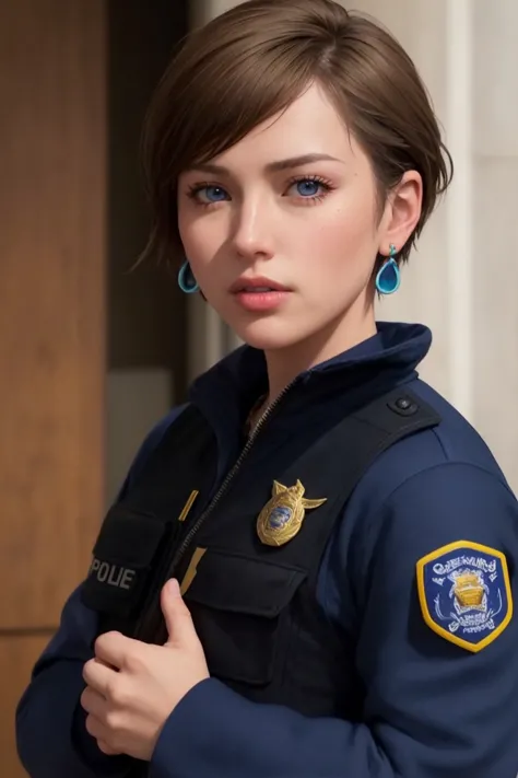 masterpiece, best quality, ultra high res, (photorealistic:1.8), unreal_engine, photograph, realistic_skin_texture, <lora:topaz-military-v1:0.65>, upper body, 1girl, solo, sxtopaz, short hair, brown hair, blue eyes, earrings, lipstick, police uniform, portait