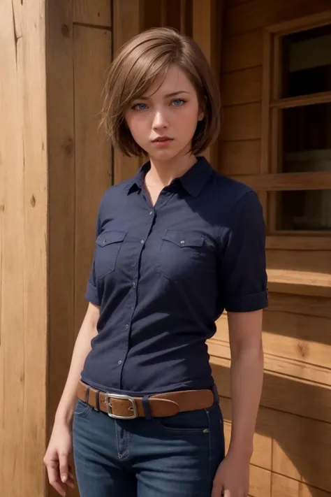 masterpiece, best quality, ultra high res, (photorealistic:1.8), unreal_engine, photograph, realistic_skin_texture, <lora:topaz-officer-v1:0.65>, cowboy shot, 1girl, solo, sxtopaz, short hair, brown hair, blue eyes