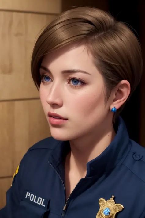 a woman in a police uniform looks at the camera