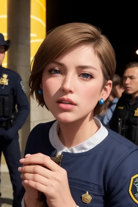 masterpiece, best quality, ultra high res, (photorealistic:1.8), unreal_engine, photograph, realistic_skin_texture, <lora:topaz-military-v1:0.65>, cowboy shot, 1girl, solo, sxtopaz, short hair, brown hair, blue eyes, earrings, lipstick, police uniform, portait, own hands together, Shinjuku Kabukicho, Stonehenge