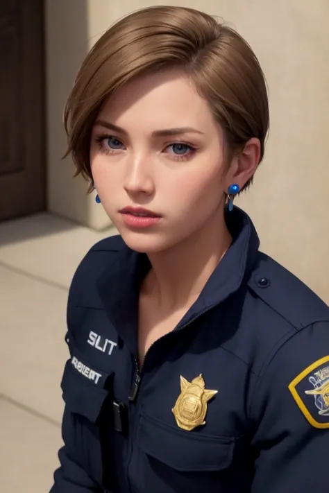 masterpiece, best quality, ultra high res, (photorealistic:1.8), unreal_engine, photograph, realistic_skin_texture, <lora:topaz-military-v1:0.65>, upper body, 1girl, solo, sxtopaz, short hair, brown hair, blue eyes, earrings, lipstick, police uniform, portait