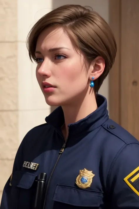 masterpiece, best quality, ultra high res, (photorealistic:1.8), unreal_engine, photograph, realistic_skin_texture, <lora:topaz-military-v1:0.65>, upper body, 1girl, solo, sxtopaz, short hair, brown hair, blue eyes, earrings, lipstick, police uniform, portait