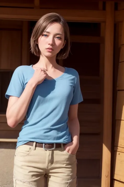 arafed woman in blue shirt and khaki pants standing outside of a building