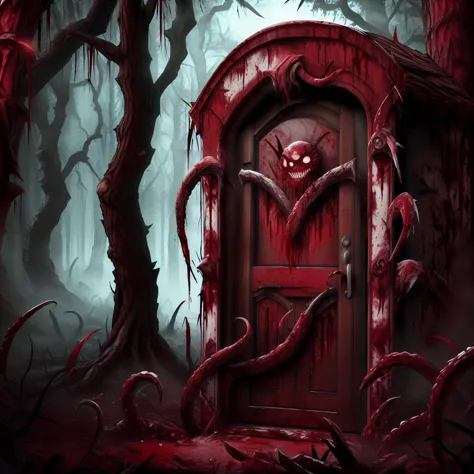 CarnageStyle, (blood_red:1.5), a door in the woods leading to a bustling metropolis <lora:CarnageStyle:0.666>, darkness,mutation...