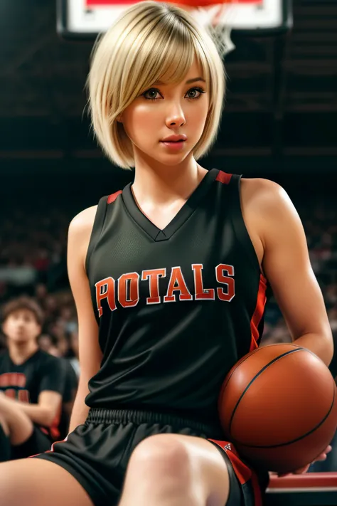 photo of (s4u700:0.99), a woman as a sexy basketball player, ((perfect short hair)), ((bob hair)), ((puckered lips;1.2)),modelsh...