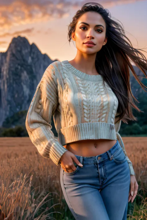 photo of (r0sd4wn-1325:0.99), a woman as a sexy TikTok influencer, (pony tail), (standing in a field),(wearing  low waist jeans), ((oversized sweater:1.2)) , modelshoot style, (extremely detailed CG unity 8k wallpaper), large breasts, photo of the most bea...