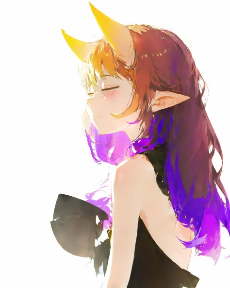 best quality,masterpiece,1girl, solo, pointy ears, closed eyes,long hair, horns,white background, bare shoulders,smile, purple hair, bangs, upper body, from side, hair between eyes, blush, closed mouth, brown hair, medium breasts, standing, multicolored hair,  black dress, long sleeves, blonde hair, short hair