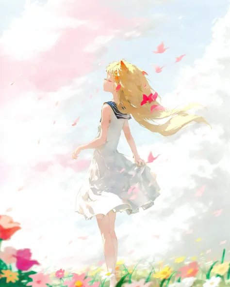 masterpiece,best quality,1girl, solo, dress, white dress, long hair, flower, outdoors, day, standing, closed eyes, sky, from behind, blurry, wind, white background, pink hair, barefoot, sleeveless dress, hair ornament, depth of field, sleeveless, floating hair, scenery, cloud, bare shoulders, bare legs, from side, blonde hair, sailor collar, bangs, simple background, animal ears, very long hair