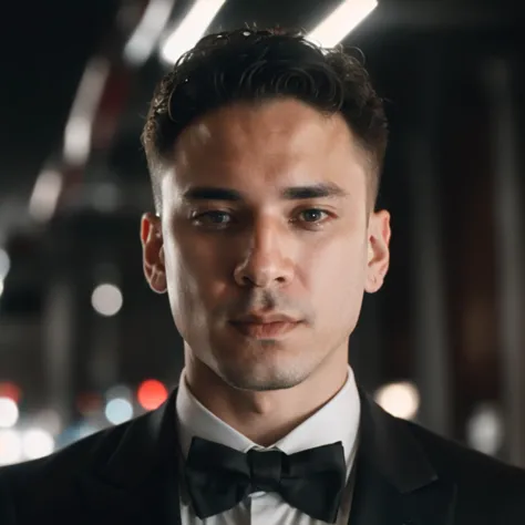 a close up of a man in a tuxedo and bow tie