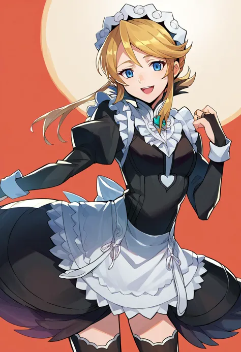 smile, open mouth, cowboy shot,  <lora:Lina_Davis:1> lina, londe hair, blue eyes, hairband,   <lora:fatesmaid-fe-richy-v1_pdxl:0.8> fates maid, maid headdress, maid apron, bridal gauntlets, black thighhighs,, score_9, score_8_up, score_7_up, source_anime,