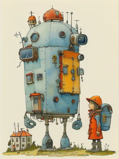 a painting of a boy standing next to a robot with a backpack