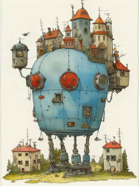 a drawing of a blue robot with a castle on top of it