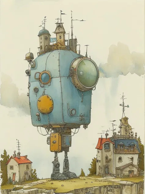 cartoon of a blue robot with a clock tower on top of it