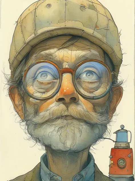 a close up of a man with a hat and glasses holding a can