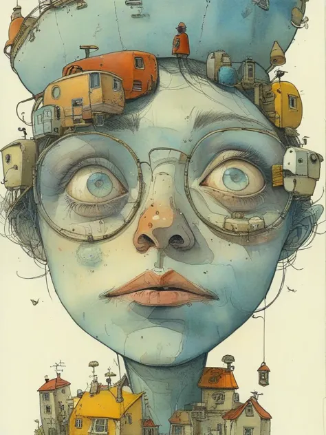 a painting of a woman with a head full of houses and a bird