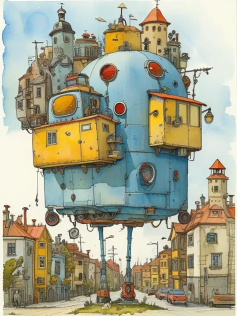 a painting of a blue and yellow robot with a lot of buildings