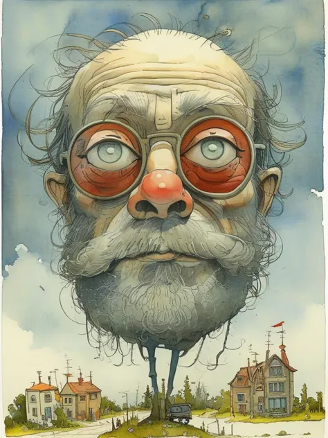 a painting of a man with a big head and glasses