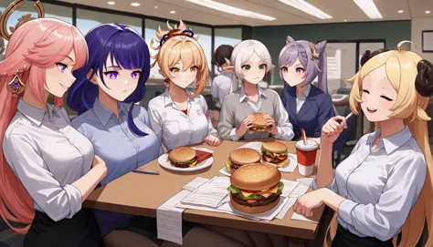 score_9, score_8_up, score_7_up, source_anime, 5girls, office, office lady, around table, table, food, beverage, burger, starbucks, shirt,
BREAK yae miko, smirk, 
BREAK raiden shogun (genshin impact),
BREAK yoimiya \(genshin impact\), 
BREAK FrierenBase, green eyes, white hair, long hair, twintails, earrings, <lora:ChamFrierenPonyXL:1>, eating burger, 
BREAK keqing \(genshin impact\),
BREAK <lora:CHAR-TsunomakiWatamePonyXL:1>, TsunomakiWatame, sheep girl, long hair, ahoge, happy, sheep horns, blonde hair,