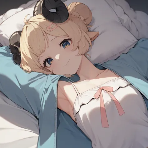 source_anime, score_9, score_8_up, 1girl, <lora:last_1:0.9>WatameSleep, hair bun, hairclip, blue jacket, camisole, slight smile, lying, pillow, close-up, sideways, POV, looking at the viewer, sheep horns, sheep girl