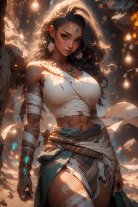 1girl, volumetric light, (bright scene:1.5), cave, (huge breasts), thick thigh, depth of field, bokeh, photography, masterpiece, best quality, highres, realistic details, thick thighs, runegodstyle, crystals, midriff, bandages, necklace, collarbone,  shoulder tattoo, tribal,  sash, skirt, closed mouth, close up