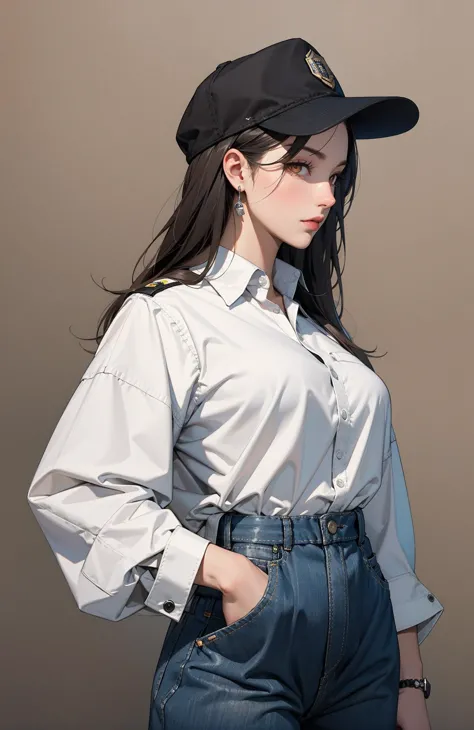 1girl, , black headwear, black pants, black shirt, bracelet, brown background, closed mouth, cowboy shot, gradient background, grey hair, hands on own hips, hat, horns, jewelry, long hair, looking at viewer, official alternate costume, orange eyes, pants, plate carrier, police hat, profile, shirt, sleeves rolled up, solo, walkie-talkie, white background, masterpiece, best quality,
<lora:Add Detail:0>,
<lora:Lgirl Slider:-4> ,