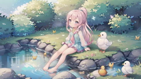 anime girl sitting on a rock by a pond with ducks