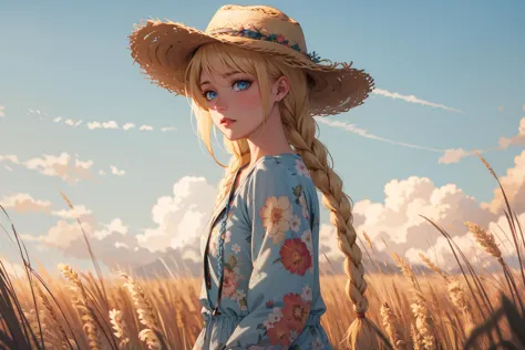 1girl, (blonde hair, blue eyes, sl, (2braids:1.4)), symmetry, midnight, squatting, (Floral_printed_romper:1.5),(Straw_wide-brim_hat:1.4),(field_background:1.4), squinting, Spot Metering shot
<lora:Slavya (ES):0.8>,
<lora:Lgirl Slider:-2>, <lora:Good Hands:1>