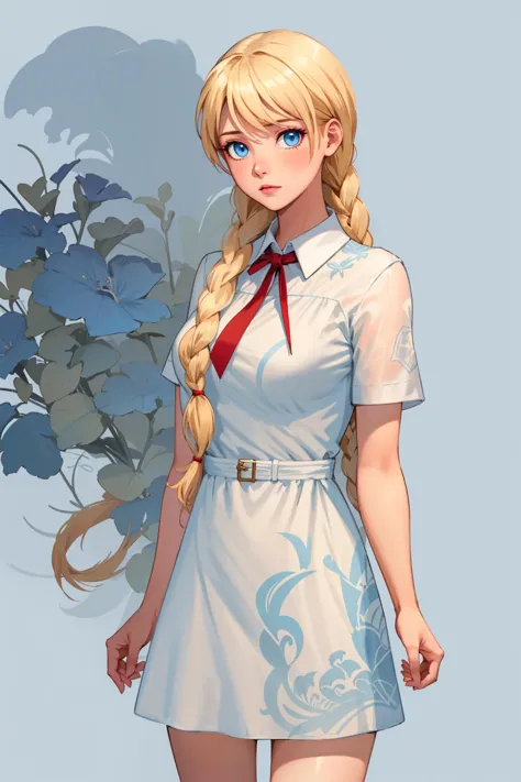 (1girl,perspective,full body shot,pale skin),((simple background,light blue background)), (blonde hair, blue eyes, sl, two braids, sharp eyes),((((white dress, collared one piece dress)))),
<lora:SlavyaLoraV5:0.8>
<lora:Lgirl Slider:-1>