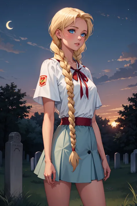 a woman with long blonde hair standing in a cemetery at night