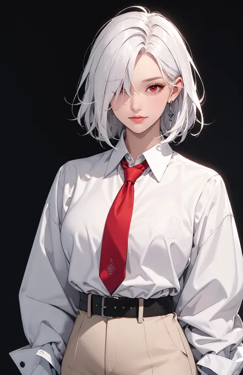 masterpiece, best quality, 1girl, solo, medium hair, white hair, hair over one eye, red eye, collared shirt, white shirt, long sleeves, red necktie, medium breasts, black pants, black gloves,  simple background,
<lora:Add Detail:0>,
<lora:Lgirl Slider:-4> ,