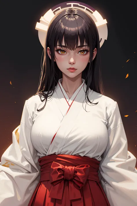 symmetry, best quality, masterpiece, highres, solo, (karin_bluearchive:1.10), (white kimono:1.35), (red hakama:1.35), (wide slee...