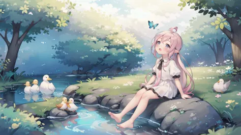 anime girl sitting on a rock in a river surrounded by ducks