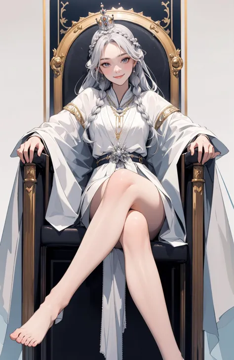 a woman sitting on a throne with a white robe and a blue dress