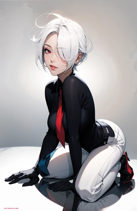 a close up of a person sitting on a floor with a white hair