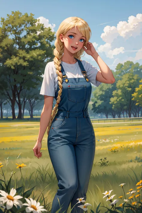 a painting of a woman in overalls and a white shirt