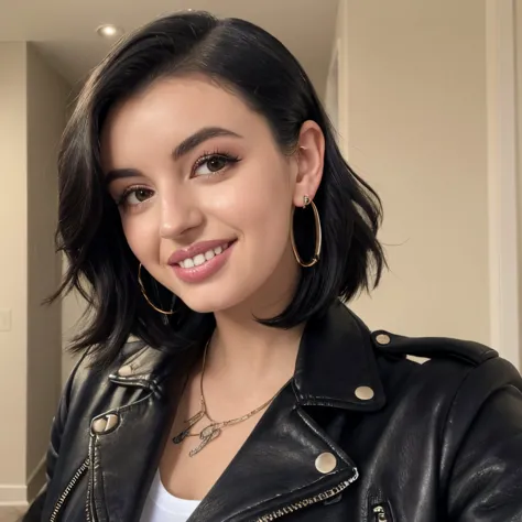 a close up of a woman wearing a black leather jacket