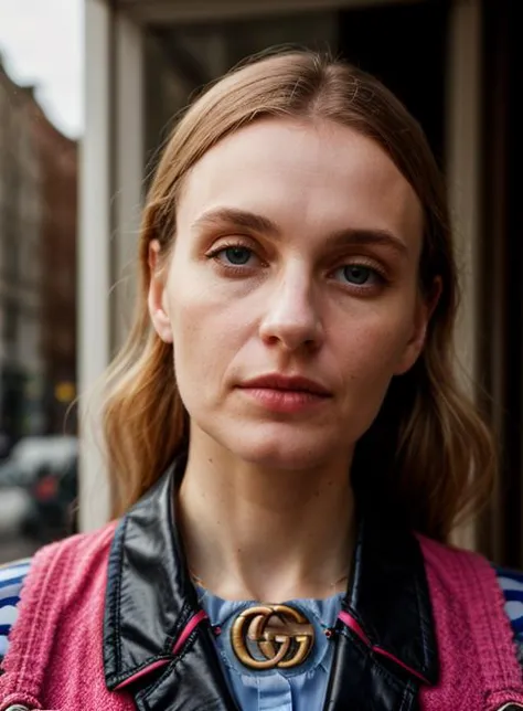 a close up of a woman wearing a pink jacket and a blue shirt