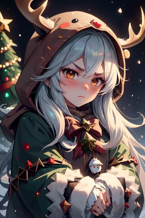 (masterpiece, best quality), 1woman, long hair,, cute face, blush, sfw, ((furious)), christmas tree, cozy home, snow outside <lo...