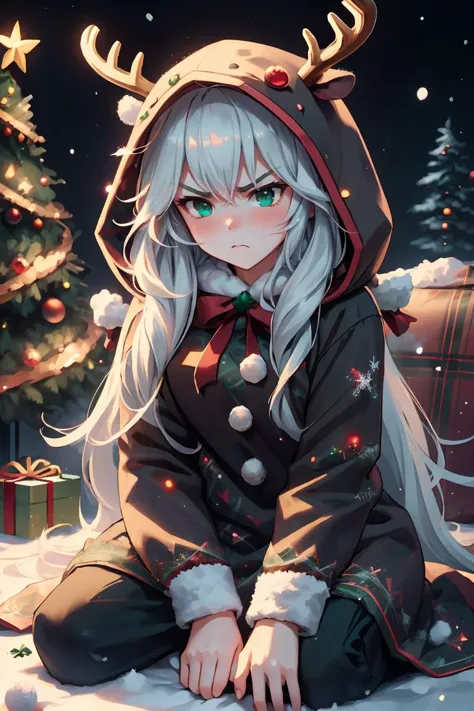 (masterpiece, best quality), 1woman, long hair,, cute face, blush, sfw, ((furious)), christmas tree, cozy home, snow outside <lo...