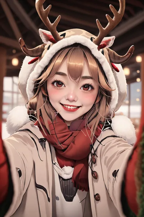 a woman wearing a reindeer hat and scarf holding a cell phone