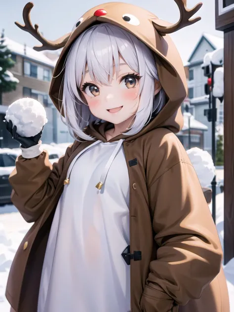 1 , reindeer costume, hood up, smile, upper body, throw a snowball, gloves
