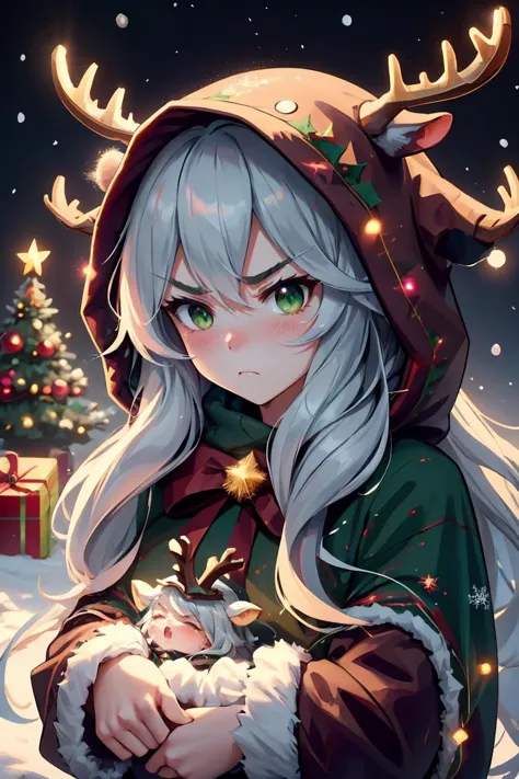 (masterpiece, best quality), 1woman, long hair,, cute face, blush, sfw, ((furious)), christmas tree, cozy home, snow outside <lo...