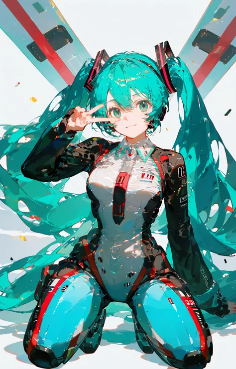 1girl,Hatsune Miku,Racing suits,V,racing,velocidrome,full body,<lora:v5:0.9>,, score_9,score_8_up,score_7_up,Expressiveh,rating_safe,(masterpiece, best quality)