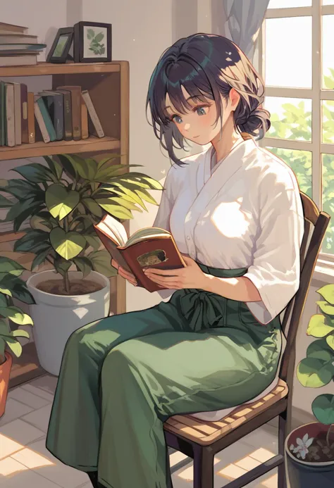 score_9,score_8_up,score_7_up,1girl,solo,black long hair,short hair,reading,sitting,casual,indoors,cozy room,green pants,white shirt,wicker chair,bookshelf,plants,books,fan,window,sunlight,relaxed,modern,detailed background,japanese style,æ´ä½ç»èOverallDetailXL,<lora:SDXLæå¶è¯¦ç»Lora:1>,<lora:PonyXL_åç§èºæ¯å®¶loar-v2:0.5>,<lora:pony-s0mäºç»´åæçäººç©Lora:0.5>,<lora:pony-ç»è»çå¨æ¼«(Sh1r3n1.2)é£æ ¼-Lora:0.5>,<lora:pony-äºç»´é«äº®è¤è²é£æ ¼-Lora:0.5>,