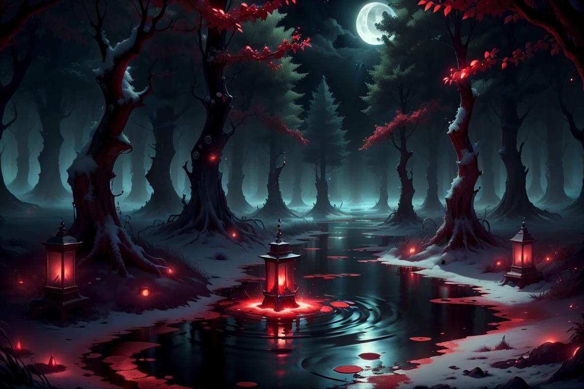 (moonlight:1.2), night ,  forest , lake,  ripples,   ,  salttech, inner glow, glowing, scifi,    bloodmagic, magical energy, blood, red hues,