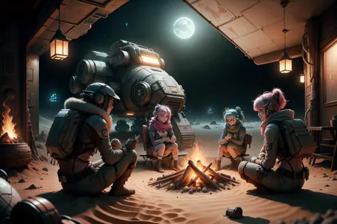 a group of people sitting around a fire in a desert