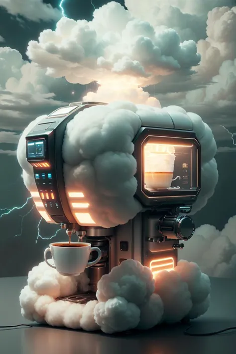 scifi coffee machine made of cotton, (made from clouds), cloudtech, fluffy clouds and tech, (cotton puff), scifi lightning light...
