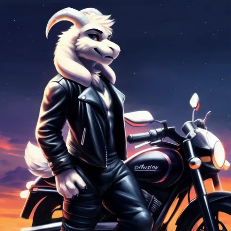 (furry art, uploaded on e621:1.4), masterpiece, best quality, highres, ultra-detailed, (anthro furry:1.6), solo, <lora:asriel-30:0.6> asriel dreemurr, god of hyperdeath, horns, pants, black biker clothes, motorbike, night